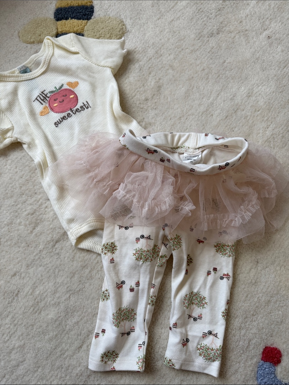 Baby Cream Ribbed Onesie & Floral Leggings with Pink Tulle Skirt